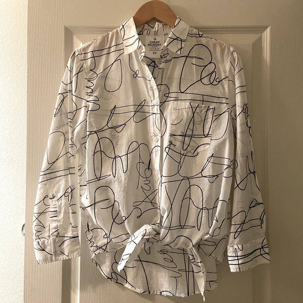 Cheap Monday scrawl graffiti tie-front shirt, sz XS